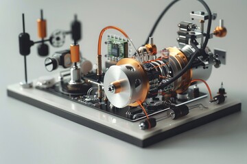A sleek and modern physics science kit featuring a pendulum, magnets, and a small circuit board on a neutral grey backdrop