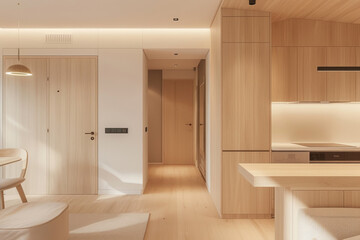Fototapeta premium Modern minimalist apartment interior with light wood finishes, featuring a cozy kitchen and dining area in a warm, neutral palette.