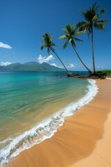 Fototapeta premium Palm Trees on a Tropical Beach: A picturesque view of tall palm trees swaying over a pristine, sandy beach with clear blue water in the background. 