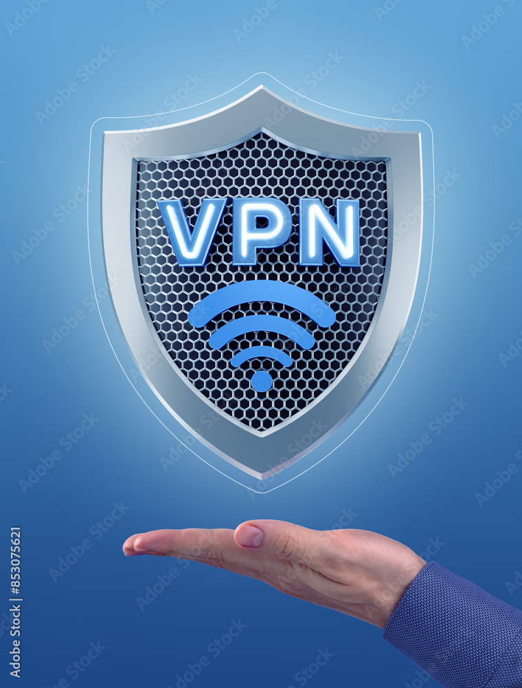 Poster wifi by secure connection of vpn. metallic shield with an abbreviation vpn and wi-fi icon are above 