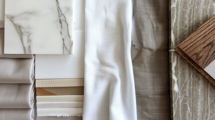 Interior design mood board, variety of material in white and grey color including textile, marble slab, and floor tile
