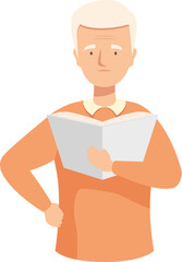 Senior man is holding an open book, enjoying reading and relaxing