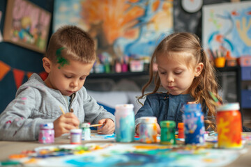 Fototapeta premium Two young children engaging in a colorful painting activity at a classroom or art studio, showcasing creativity and collaboration.