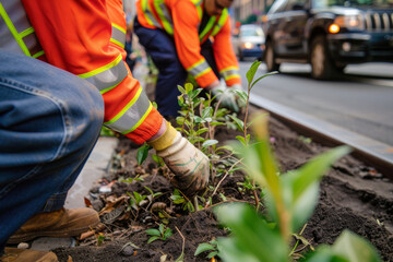 Naklejka premium Workers in safety vests planting shrubs along a city street, demonstrating urban landscaping and community improvement efforts.