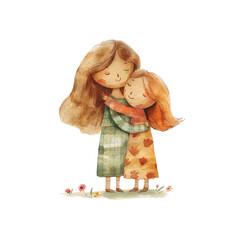 mother hugging daughter vector illustration in watercolor style