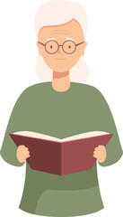 Elderly woman is holding an open book, absorbed in her reading