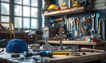 Fototapeta premium Plumbing Essentials Desk with Tools, Model House, Pipe Wrench, Faucet, and Blue Hat for Shop and Services