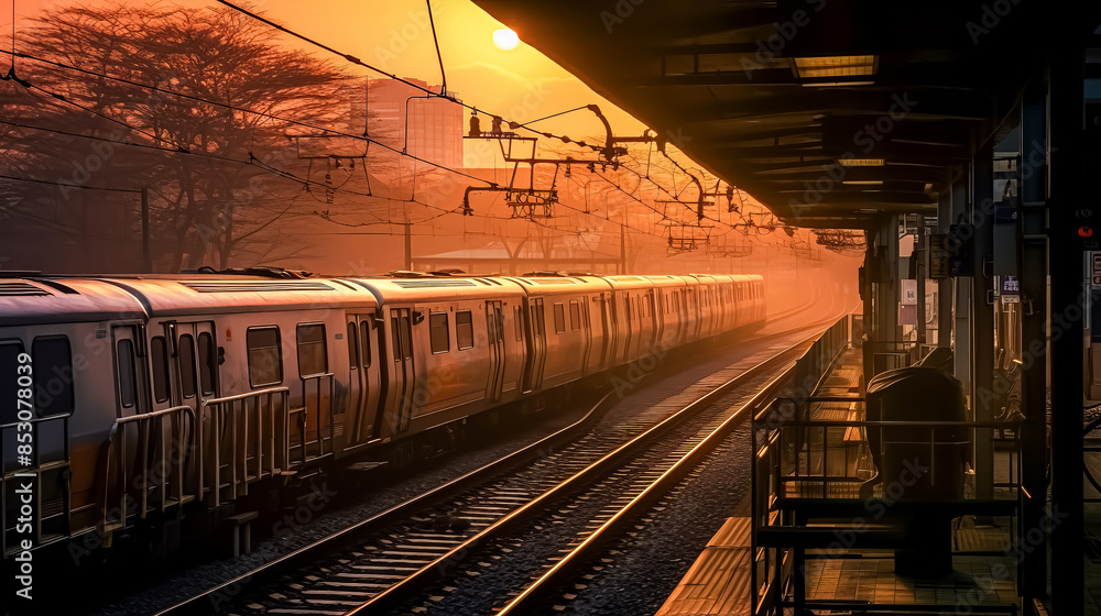 Poster a train is on the tracks with the sun setting in the background