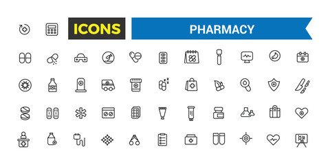 Pharmacy, medicine, healthcare thin line icons. Editable vector icon and illustration.