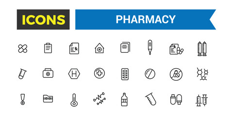 Pharmacy, medicine, healthcare thin line icons. Editable vector icon and illustration.