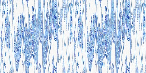 Indigo ikat dye stripe marled seamless border. Asian style wavy distort weave print banner in modern blue white.