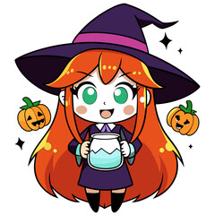 anime girl with long red hair, dressed in a witch costume, holding a bubbling milk potion with a Halloween-themed background