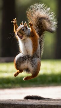 A funny squirrel dances in the forest. cute crazy squirrel funny jumping in dance.