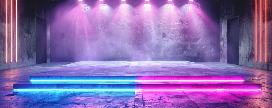 Pink beams of light create mesmerizing display of colours and shadows. Spotlights illuminate stage adding movement and energy to scene.