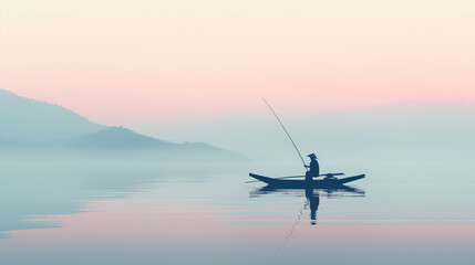 Person fishing from a boat on a calm lake during sunrise. Silhouette against pastel-colored sky and misty mountains