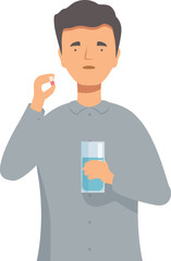 Man is holding a pill and a glass of water, preparing to take his medication