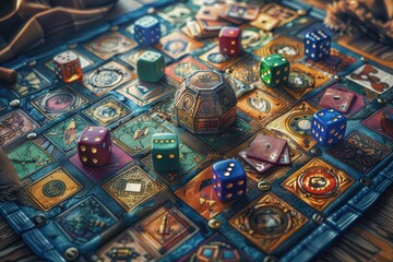 Fototapeta premium A vibrant, intricate board game setup featuring colorful dice and detailed tiles for an engaging tabletop gaming experience.