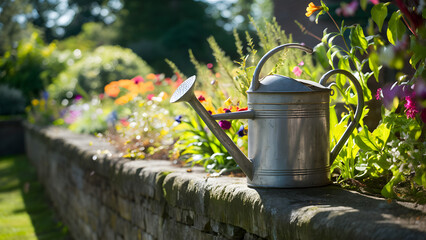 Vintage watering can in blooming garden.