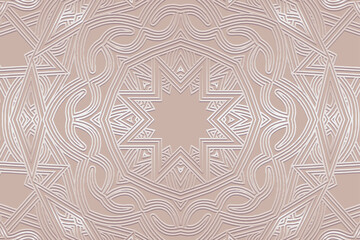 Embossed satin background, cover design. Tribal boho motifs. Geometric luxury 3D pattern, business card. Ethnic ornaments, handmade from the East, Asia, India, Mexico, Aztec, Peru.