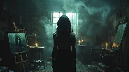 a black room with only a candle for light and a girl standing in front of a canvas with a paintbrush and you can only see her from behind, full body shot, wide angle 