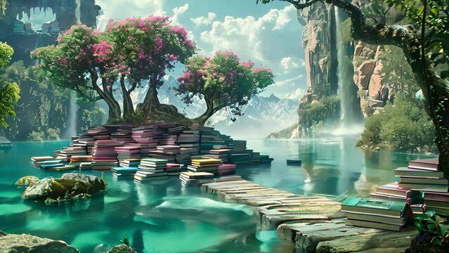 A deserted island surrounded by a sea of books that float in the crystalclear water some even forming bridges to the mysterious land.