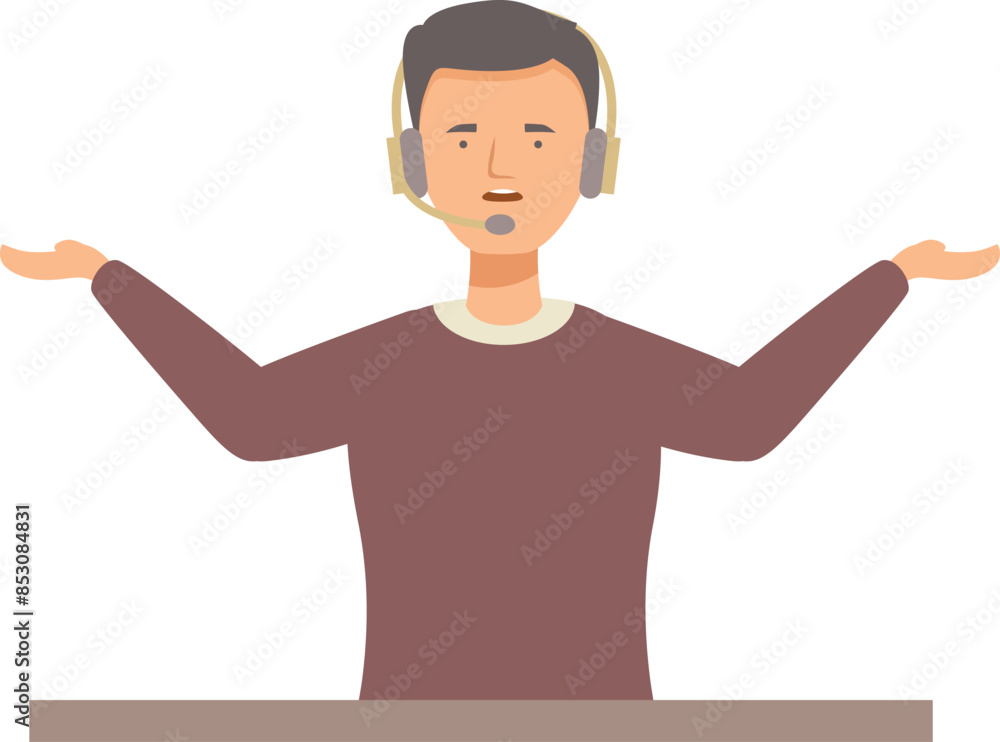 Poster call center operator wearing headset gesturing with hands while talking
