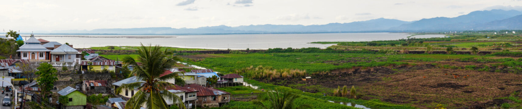 Panoramic photo of Lake Tondano and mountains as the background of Gorontalo Province