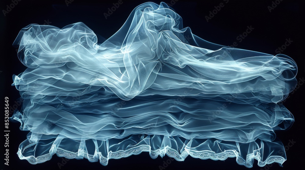 Poster x-ray scan of a stack of folded clothes, showing the layers and folds.