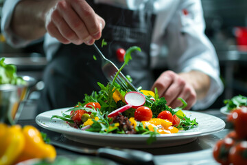 Chef preparing a plate of delicious food. colorful . selective focus