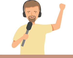 Male radio host speaking into a microphone wearing headphones talking on the radio and raising his fist in the air