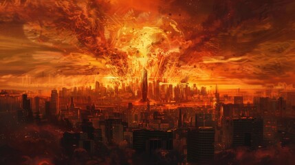 Fototapeta premium Cataclysmic explosion in urban skyline at sunset
