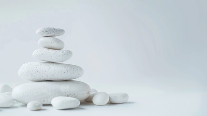 A balanced stack of smooth white pebbles against a light, airy background, symbolizing peace and balance.