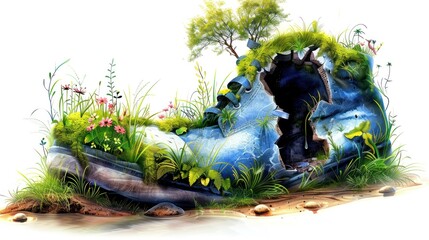 Vintage watercolor of dirty, torn shoes covered with moss and grass, on a white background.