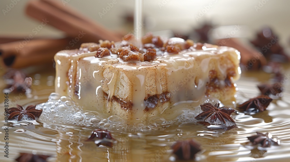 Poster zoom in on the intricate swirls and patterns of a freshly baked cinnamon roll, with its gooey cinnam