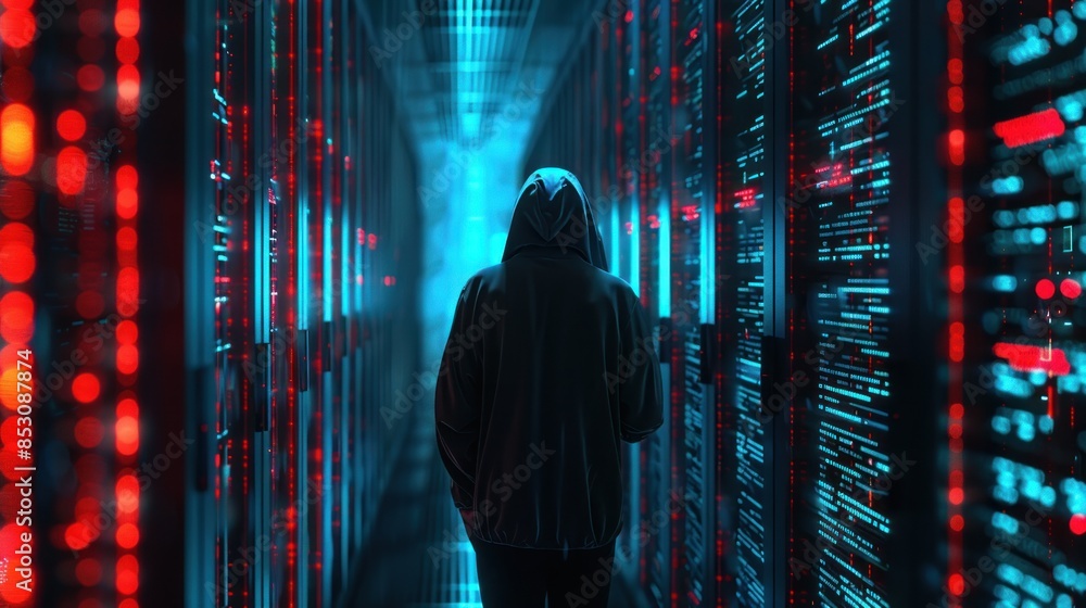 Poster hacker man anonymous on the server room digital futuristic