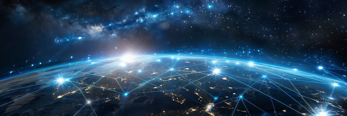 Obraz premium Aerial view of a connected global network with glowing nodes, illustrating worldwide communication, data exchange, and digital connectivity.