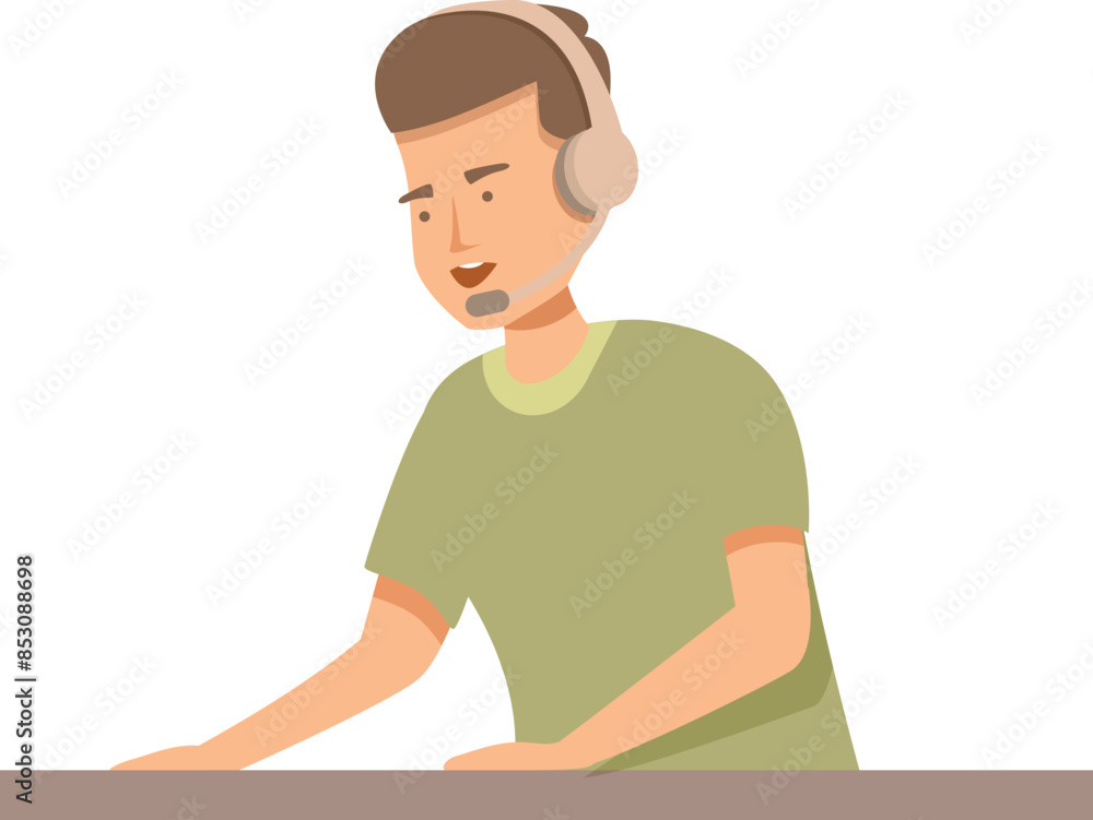Poster call center operator is speaking into a headset while working at his desk