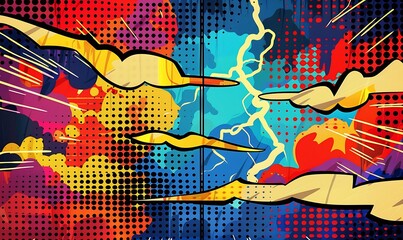 Retro Pop Art Thunderstorm Bold, Colorful Comic Panels with Striking Lightning