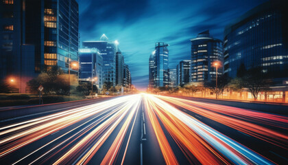 Fototapeta premium Dynamic Night Scene of a Bustling City with Light Trails from Moving Vehicles