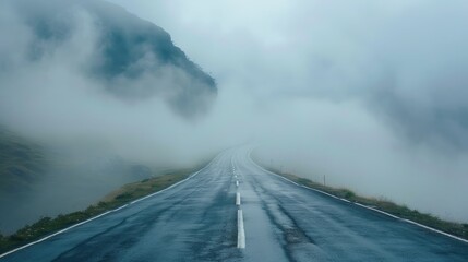 Infinite mountain road disappearing into the clouds symbolizing liberation