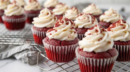 Homemade red velvet cupcakes on a wire cooling rack
