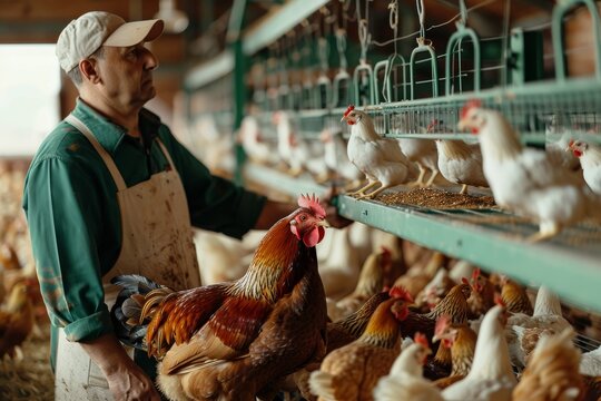 Farmer caring for chickens in a poultry farm. Man feeding hens and roosters in a coop. Agricultural and farm life scene.