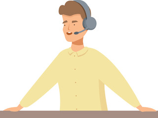Male call center operator wearing headset speaking to customer