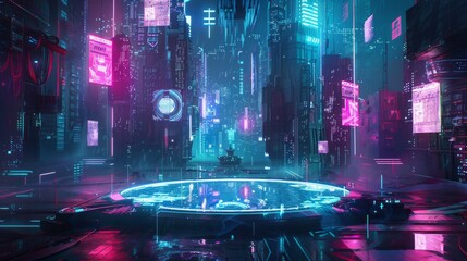 Futuristic cyberpunk cityscape with neon lights, holographic signs, and advanced technology. Digital urban environment with sci-fi elements.
