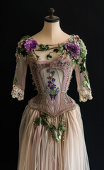 Obraz premium A costume on an mannequin, the top of it is covered in pale pink lace with green and silver embroidery, the middle part has sequins covering half of its chest, purple flowers on one side of her neck.