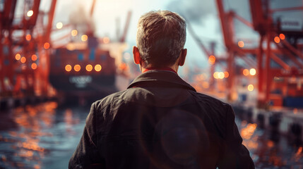 Fototapeta premium Man in a jacket stands on a dock looking at cargo ships in a busy industrial harbor during early morning with a misty atmosphere.