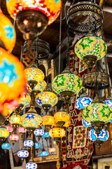 Colourful glass hanging lamps in Arabic style