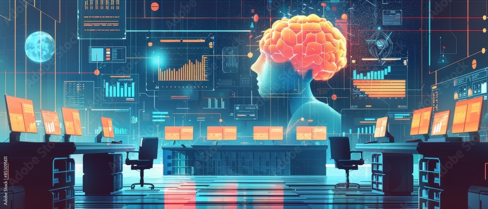 Poster futuristic control room with brain hologram, data graphics, and multiple screens displaying digital 