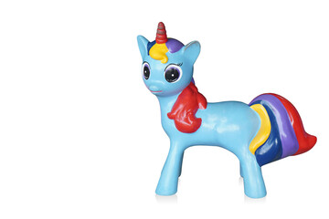 side view old blue unicorn horse on white background, animal, gift, object, decor, copy space