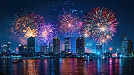 Colorful fireworks display over a city skyline at night, reflecting beautifully on the water, celebrating a special occasion with vibrant lights.
